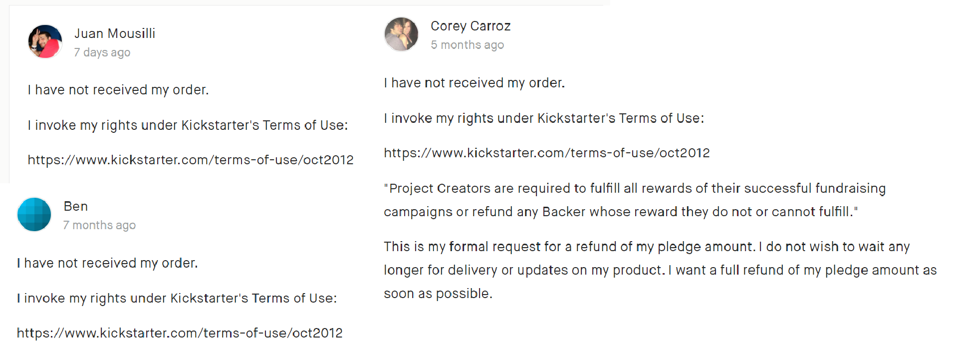 Kickstarter评论区：支持者引用使用条款追问Creator为何不发货