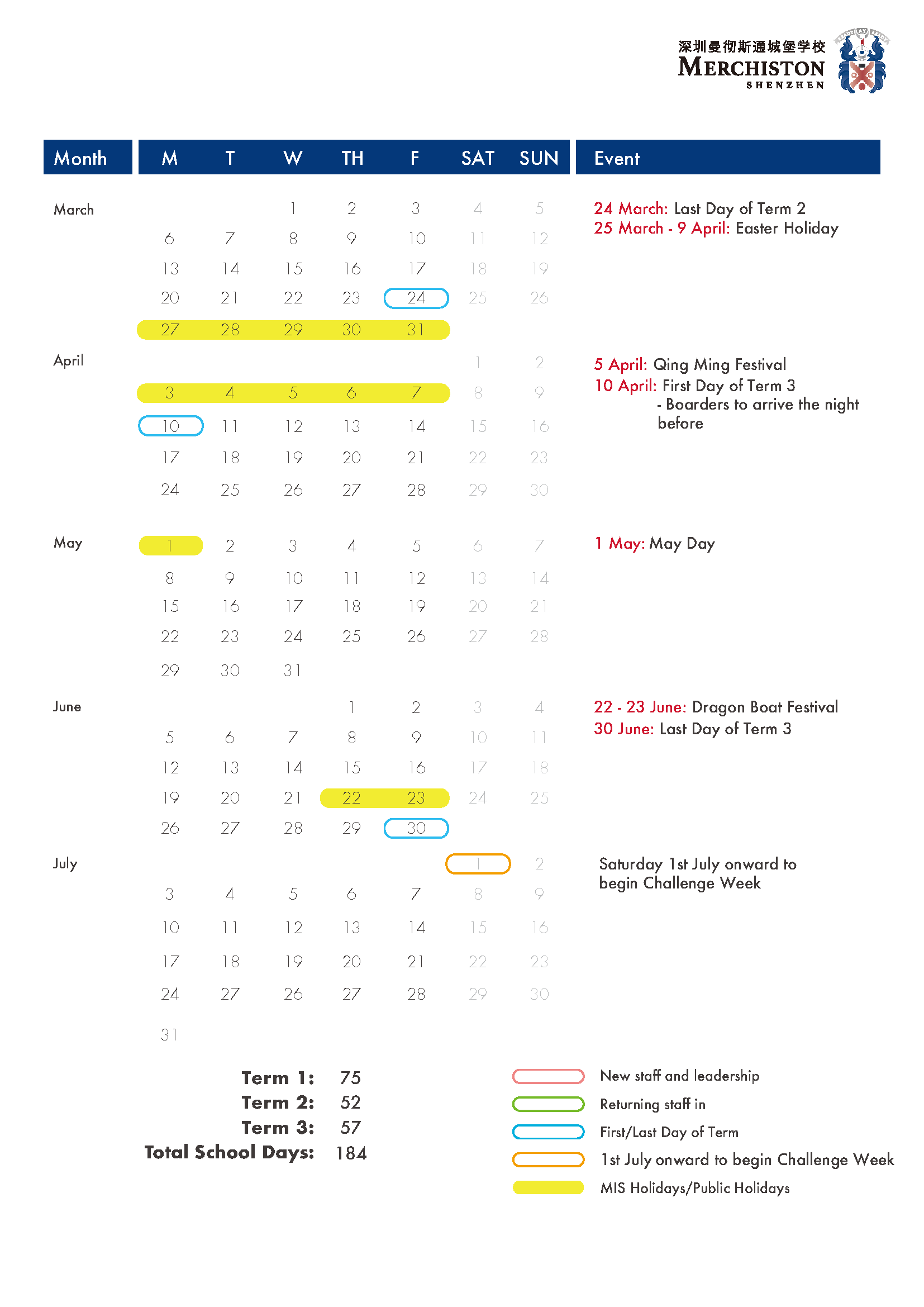 School Calendar - Merchiston International School