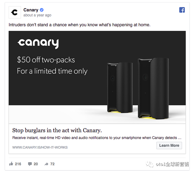 家庭安全监控摄像头公司Canary的Facebook广告